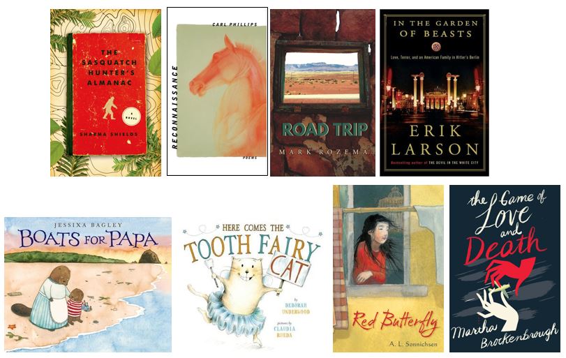 two rows of book covers. Top row: Sasquatch Hunter's Alamanac, Reconnaissance, Road Trip, In the Garden of Beasts. Bottom row of children's books: Boats for Papa, Here Comes the Tooth Fairy Cat, Red Butterfly, The Game of Love and Death.
