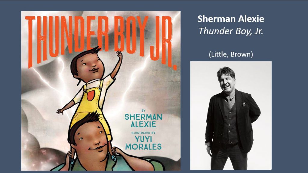 Book cover of "Thunder Boy Jr" with a photo of the author, Sherman Alexie, to the right.