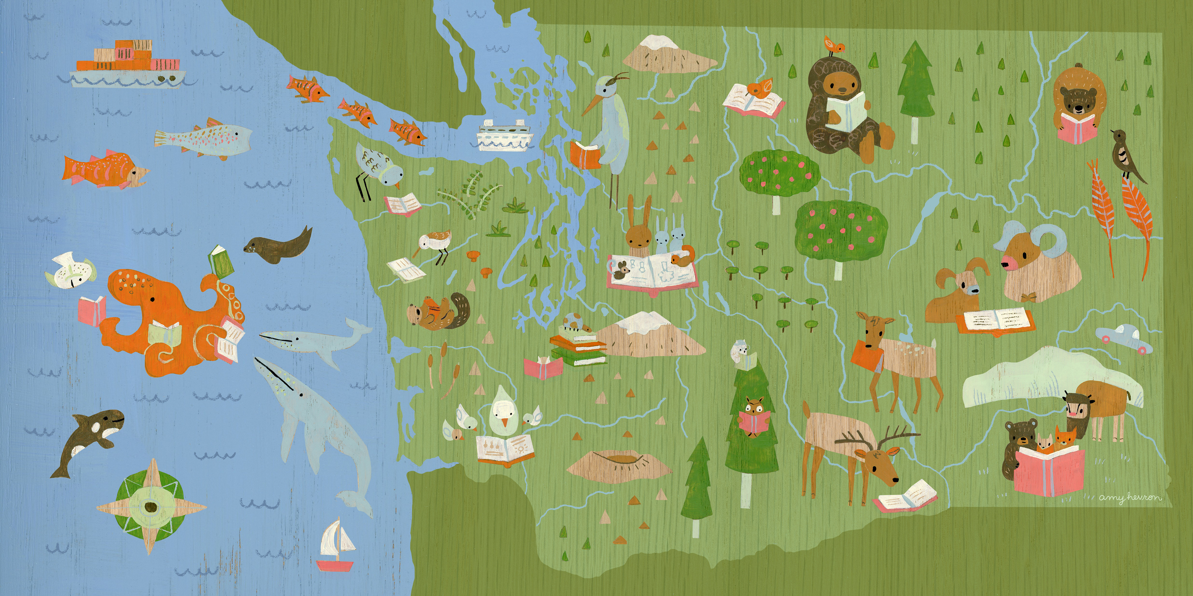 A colorful map of Washington state showing animals reading books.