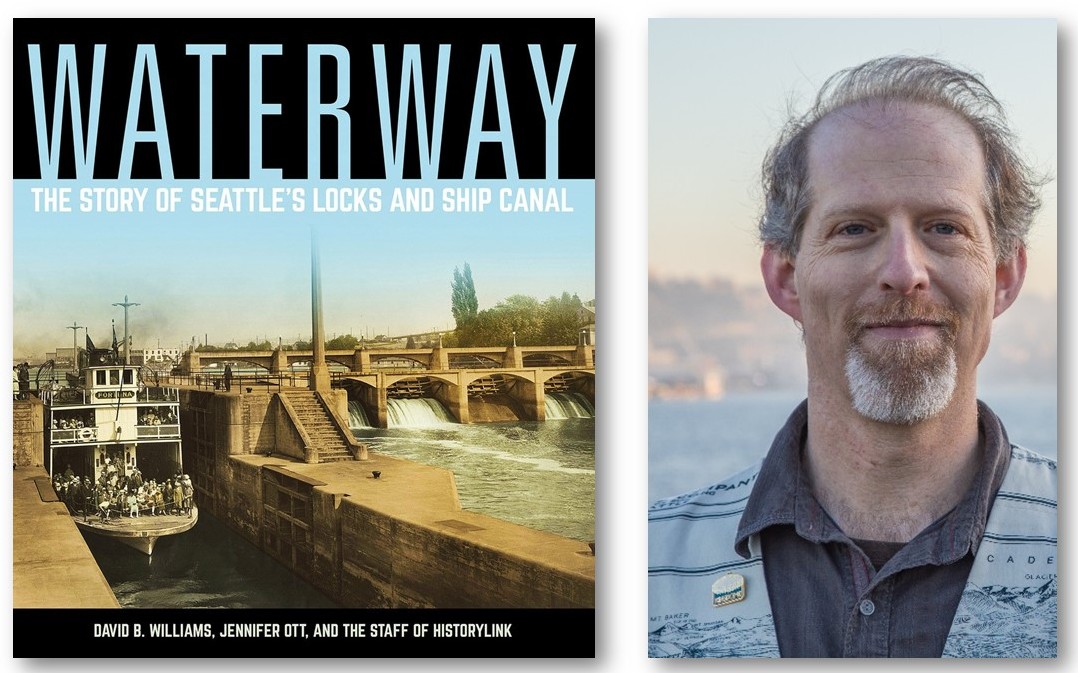 The cover of a book titled Waterway the story of Seattle's locks and ship canal. Also a smiling man with a goatee