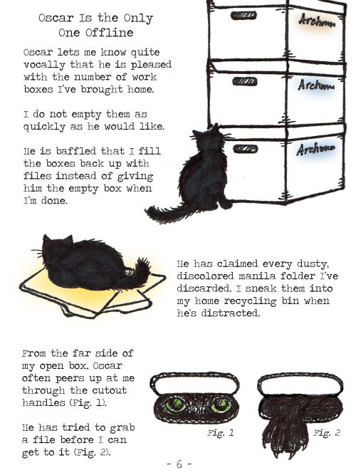 A sample zine page featuring drawings of the author's cat and her work boxes at home.  It is a page from the zine "This is What I'll Remember: A Quaranzine" by Tien Triggs of the Washington State Library.