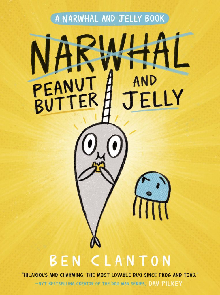 book cover featuring a cartoon narwhal and a blue jellyfish