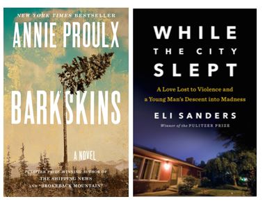Two book covers: "Barkskins" by Annie Proulx and "While the City Slept" by Eli Sanders