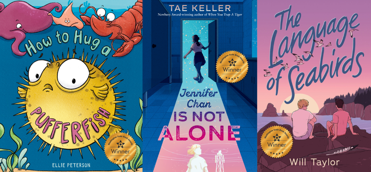 book covers for 2023 WSBA youth winners - how to hug a pufferfish, jennifer chan is not alone, and the language of seabirds