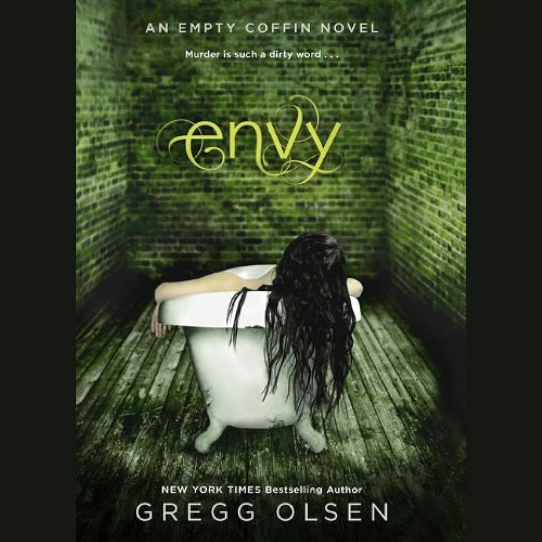 the cover of envy by gregg olsen. a figure with long hair is seen in a bathtub in a room with green brick walls