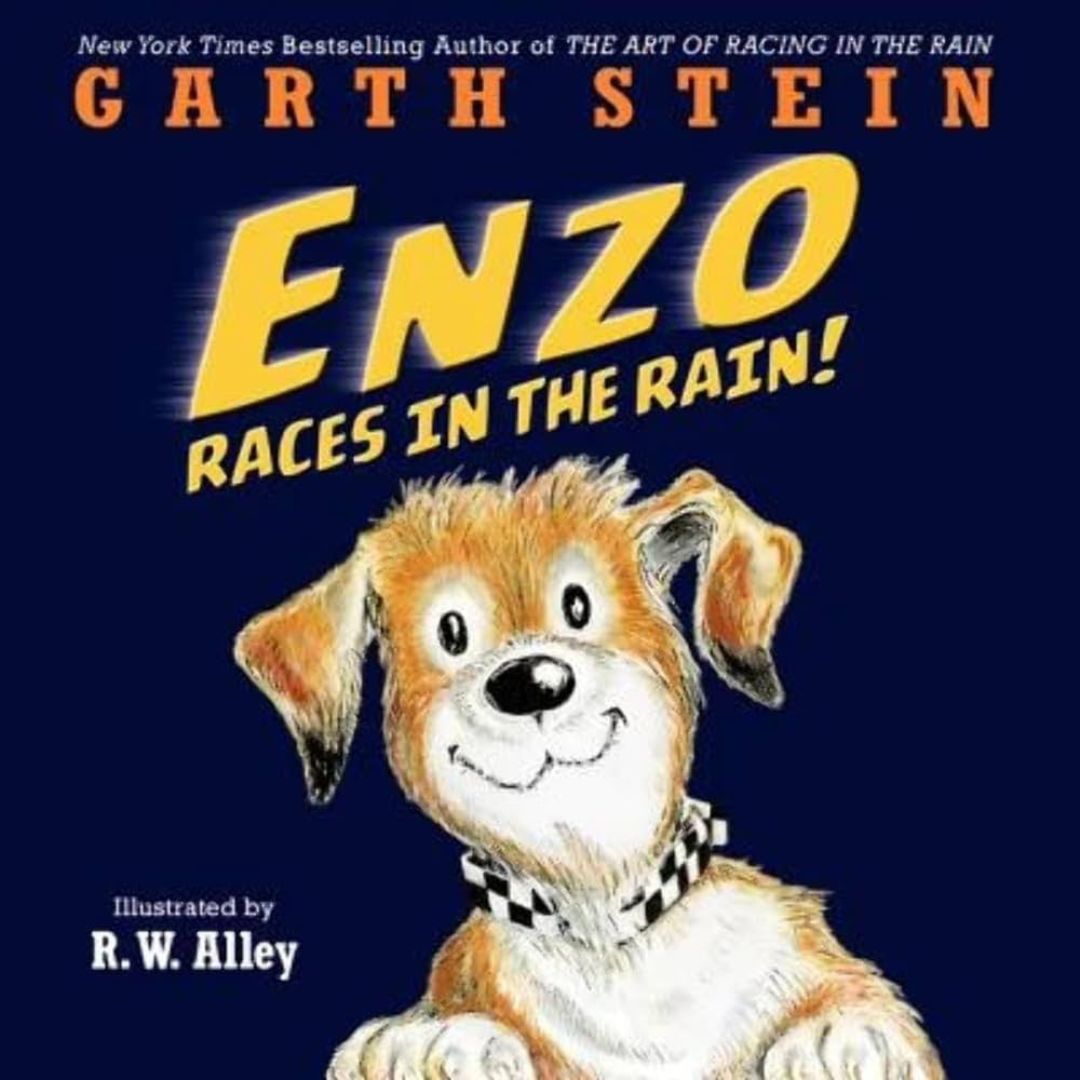 the book cover of enzo races in the rain by garth stein and r.w. alley. a picture of a smiling dog