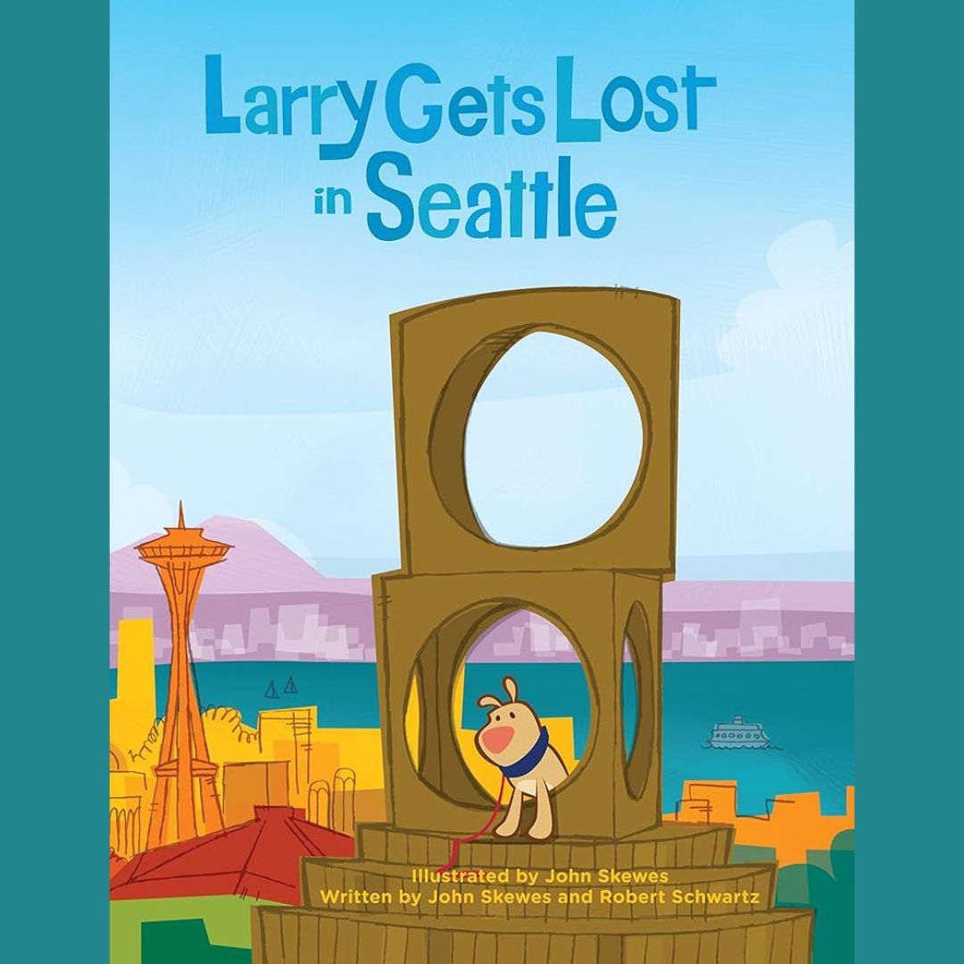 the book cover of larry gets lost in seattle illustrated by john skewes. a dog is shown in a public art sculpture