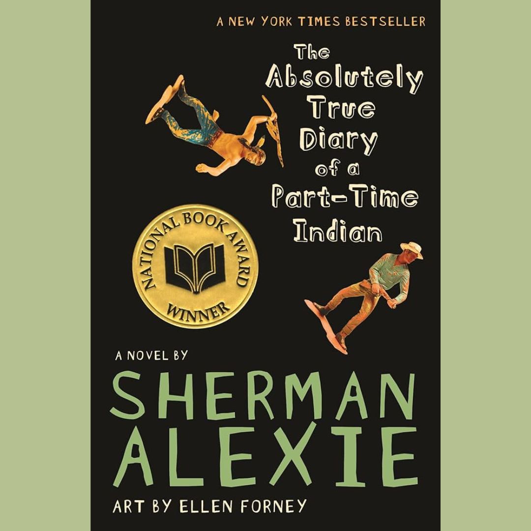 the cover of national book award winner "the absolutely true diary of a part-time diary" by sherman alexie. toys depicting a cowboy and "an indian" are shown.