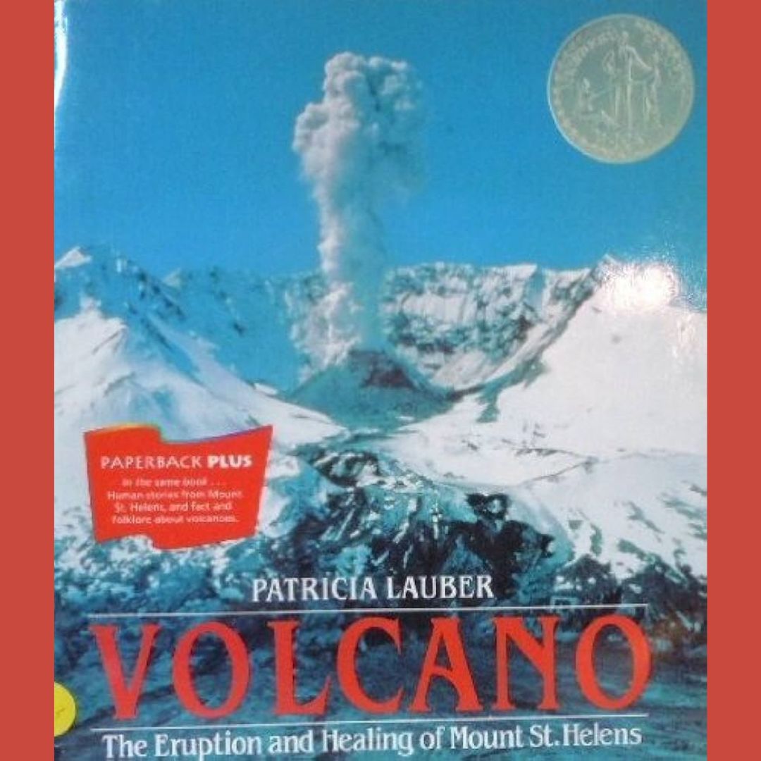 the cover of volcano by patricia lauber - showing a smoking snow covered volcano