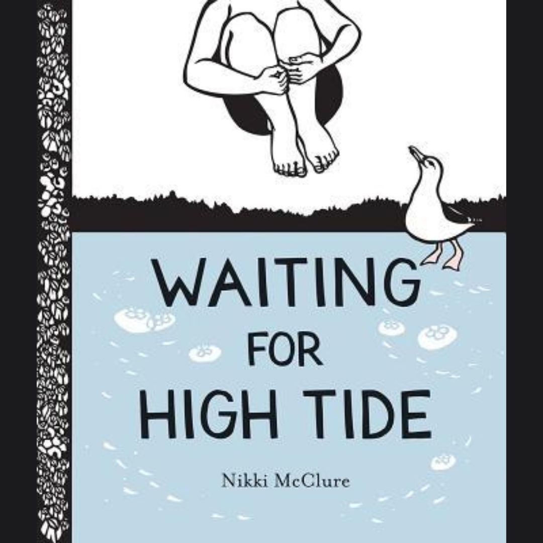 the book cover for waiting for high tide by nikki mcclure. a person does a cannonball into the water while a gull watches
