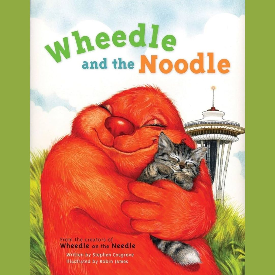the cover for wheedle and the noodle by stephen cosgrove. a red fuzzy creature hugs a kitten with the space needle in the background